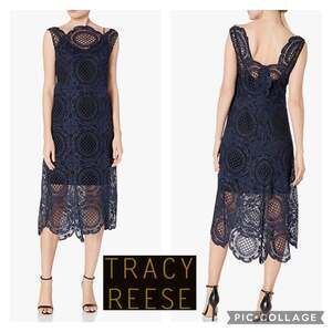 Tracy Reese Navy Surplice sleevless scalloped Lace Embroidered Dress size 4
